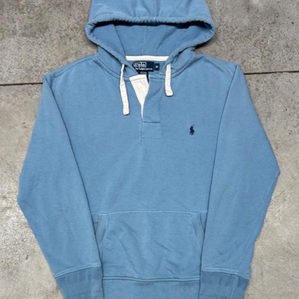 Polo Ralph Lauren Vintage 90s Sky Blue Henley Hoodie Sweatshirt Sz Medium